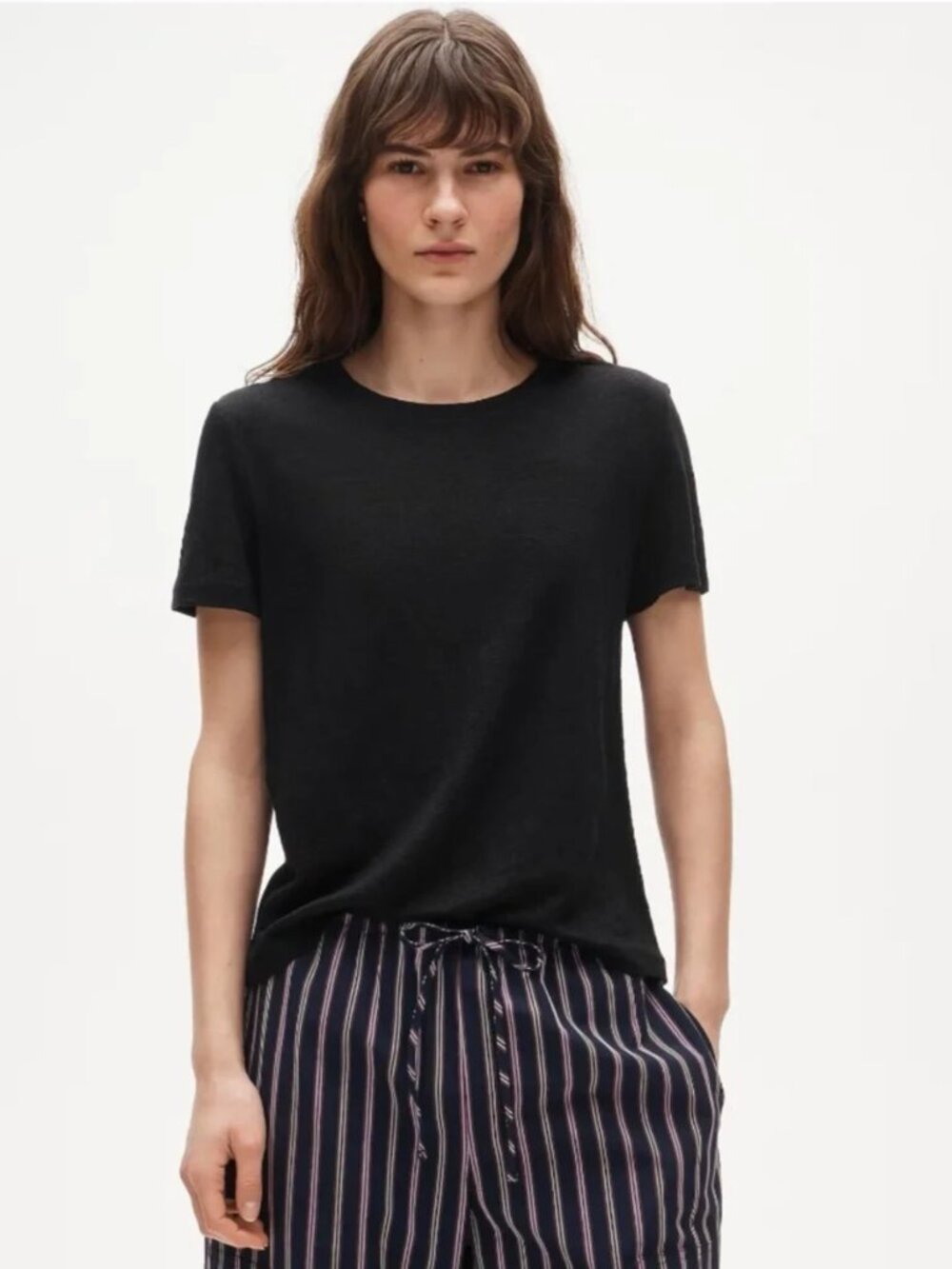 Eileen Fisher T-Shirt Size L Black 100% Organic Linen Short Sleeve Crew Neck